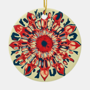 Abstracte SUN FLOWER - rood blauw + uw achtergrond Keramisch Ornament