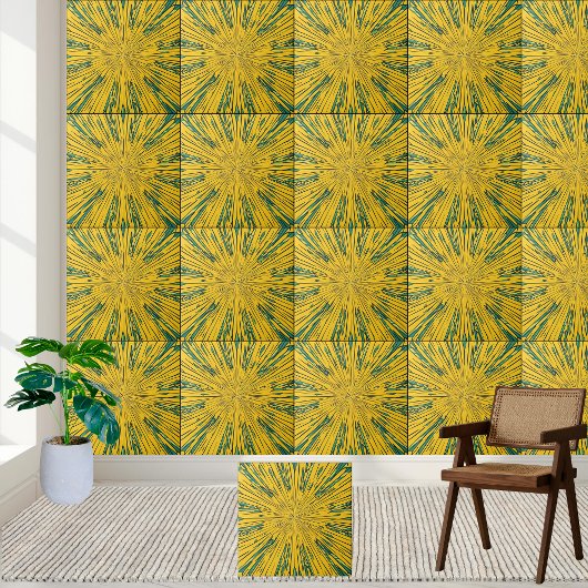 Abstracte Sunburst Gele en Groene Keramische Tegel Tegeltje