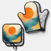 Abstracte Sunset Waves Art Ovenwant & Pannenlap Set (Voorkant / Achterkant)