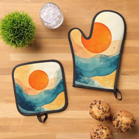 Abstracte Sunset Waves Art Ovenwant & Pannenlap Set (Top down)