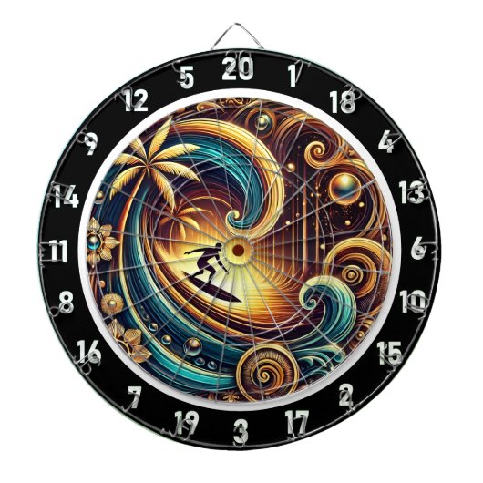 Abstracte surfer op golf met zonsondergang dartbord (Voorkant)