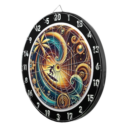 Abstracte surfer op golf met zonsondergang dartbord (Voorkant Rechts)