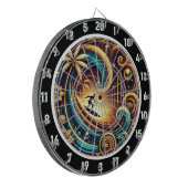 Abstracte surfer op golf met zonsondergang dartbord (Voorkant Links)