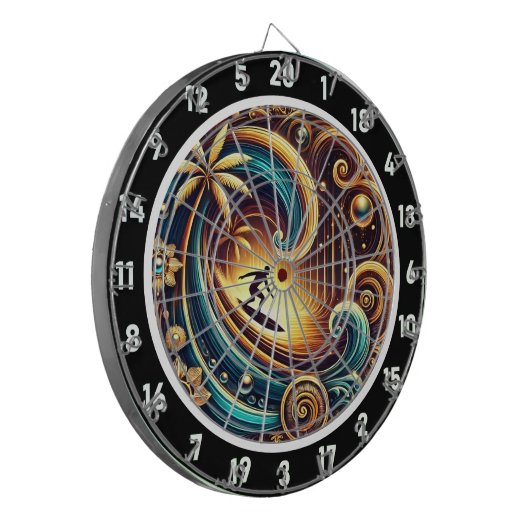 Abstracte surfer op golf met zonsondergang dartbord (Voorkant Links)