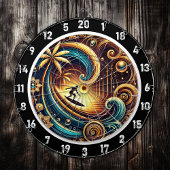 Abstracte surfer op golf met zonsondergang dartbord