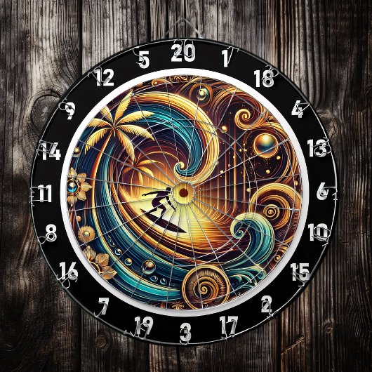 Abstracte surfer op golf met zonsondergang dartbord