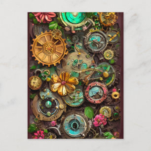 Abstracte Surreal Gears Flowers Steampunk Art Briefkaart