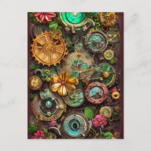 Abstracte Surreal Gears Flowers Steampunk Art Briefkaart (Voorkant)