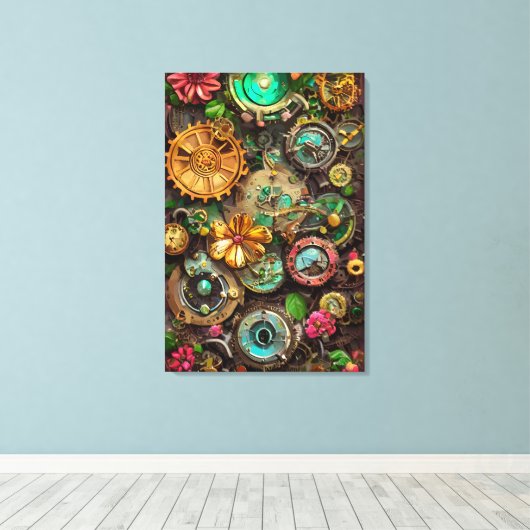 Abstracte Surreal Gears Flowers Steampunk Art Canvas Afdruk (Insitu (Houten vloer))