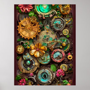 Abstracte Surreal Gears Flowers Steampunk Art Poster