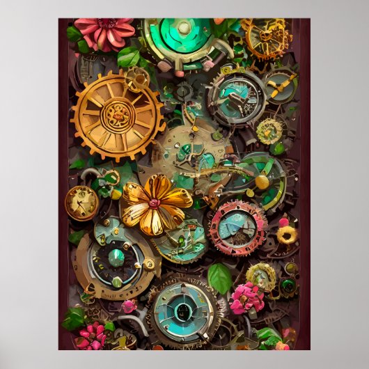 Abstracte Surreal Gears Flowers Steampunk Art Poster (Voorkant)