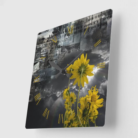 Abstracte symbolen en gele bloemen vierkante klok (Hoek)