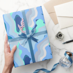 Abstracte symmetrie met vloeiende curven blauw cadeaupapier