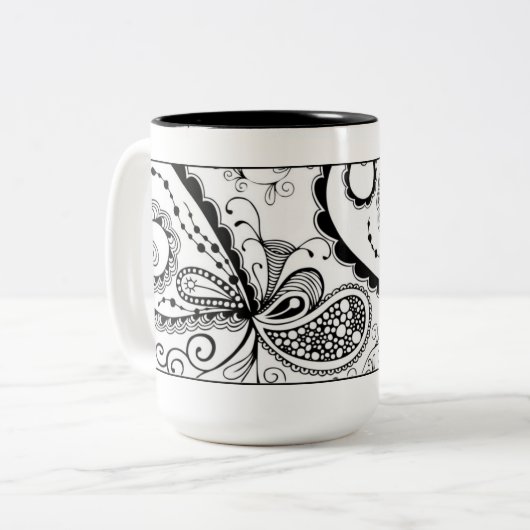 Abstracte tandwielMok in zwart-wit Tweekleurige Koffiemok (Voorkant links)