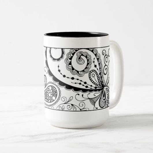 Abstracte tandwielMok in zwart-wit Tweekleurige Koffiemok (Voorkant rechts)