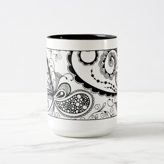 Abstracte tandwielMok in zwart-wit Tweekleurige Koffiemok (Center)