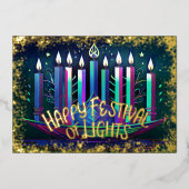 Abstracte Tekening Menorah Festival of Lights Blue Folie Feestdagenkaart (Voorkant)