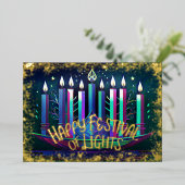 Abstracte Tekening Menorah Festival of Lights Blue Folie Feestdagenkaart (Staand Voorkant)