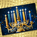 Abstracte tekening Menorah Happy Chanoeka Goud Bla Folie Feestdagenkaart<br><div class="desc">Tekening van Menorah Happy Chanoeka Gold Blue</div>
