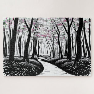Abstracte Tekening Silhouetbomen met Paarse Legpuzzel