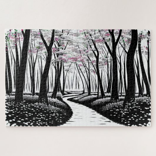 Abstracte Tekening Silhouetbomen met Paarse Legpuzzel (Horizontaal)