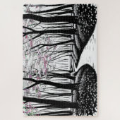 Abstracte Tekening Silhouetbomen met Paarse Legpuzzel (Verticaal)