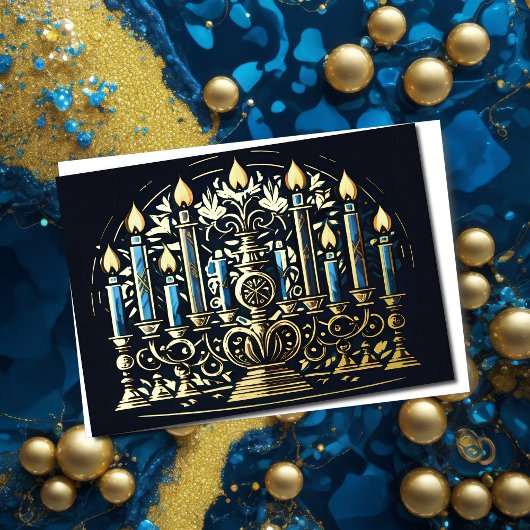 Abstracte tekening van Menorah Gold Blue Feestdagen Kaart