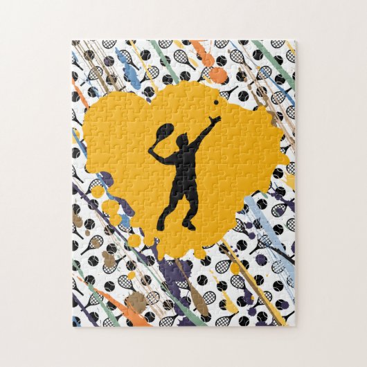 Abstracte Tennis Art Rackets Balls & Player Coach Legpuzzel (Verticaal)