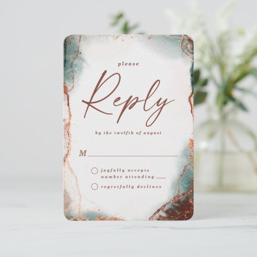 Abstracte Terra Cotta bruiloft RSVP antwoord Kaart (Staand voorkant)