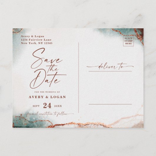 Abstracte Terra Cotta Fall Wedding Opslaan van de  Aankondigingskaart (Achterkant)