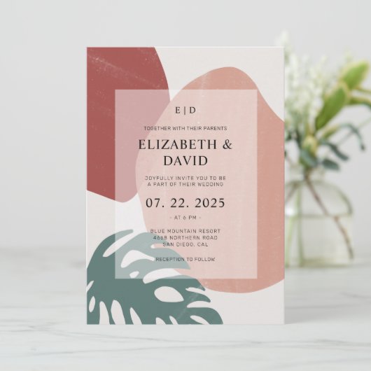 Abstracte Terracotta Monstera Leaf Modern Wedding Kaart (Staand voorkant)