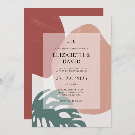 Abstracte Terracotta Monstera Leaf Modern Wedding Kaart (Voorkant / Achterkant)