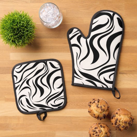 abstracte textuur met golvende lijnen ovenwant & pannenlap set (Top down)