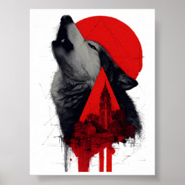 Abstracte Trash Polka Huilende Wolf Stadslandschap Poster