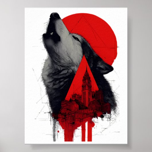 Abstracte Trash Polka Huilende Wolf Stadslandschap Poster (Voorkant)