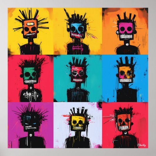 Abstracte Tribal Graffiti-personages Bold Grid Poster (Voorkant)