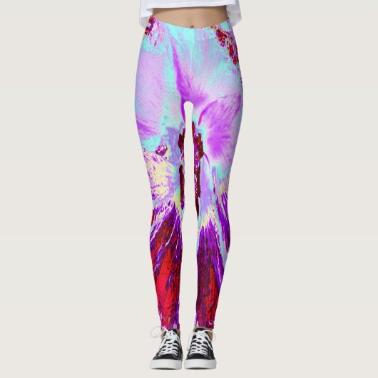 Abstracte Tropische Aqua en Paarse Hibiscus Flower Leggings (Voorkant)