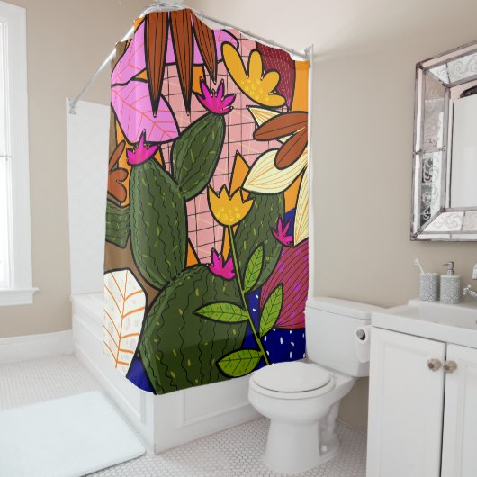 Abstracte tropische bladeren en bloemen douchegordijn (In situ)