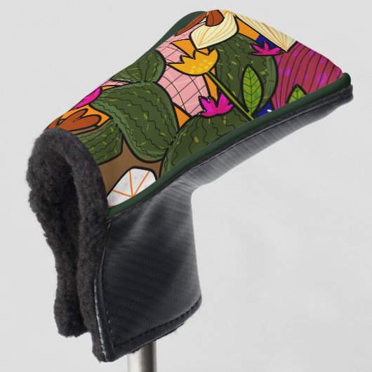 Abstracte tropische bladeren en bloemen golfheadcover (3/4 voorkant)