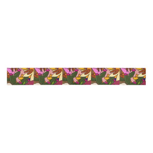 Abstracte tropische bladeren en bloemen grosgrain lint (Voorkant)