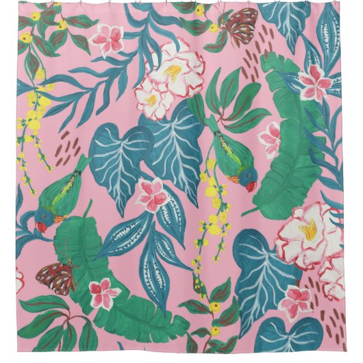 Abstracte tropische bloemen, guache schilderpatroo douchegordijn (Voorkant)