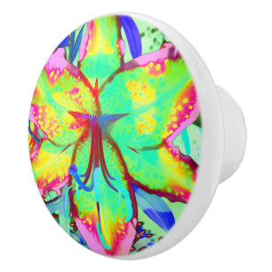 Abstracte tropische bloemenroze groene lelie keramische knop