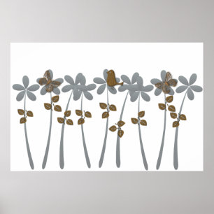 Abstracte Tropische Garden Gold Grey Flowers Poster