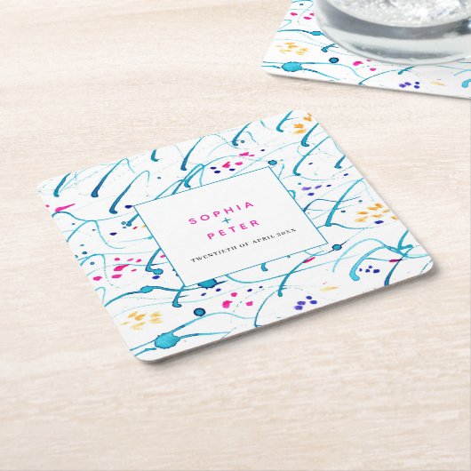 Abstracte tropische golven roze aqua sinaasappel b kartonnen onderzetters (Schuin)