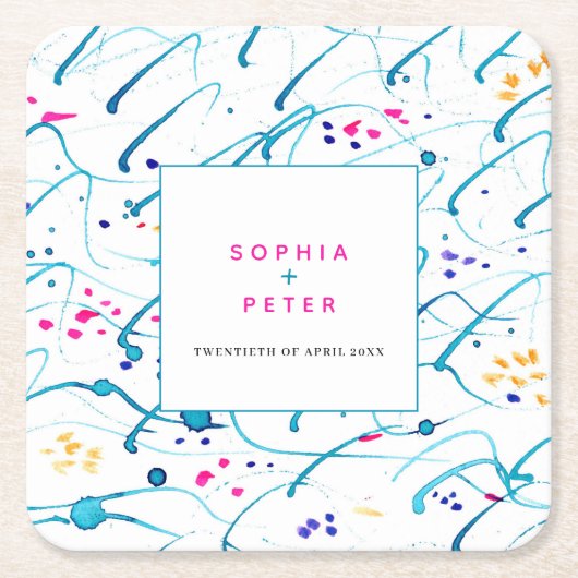 Abstracte tropische golven roze aqua sinaasappel b kartonnen onderzetters (Voorkant)