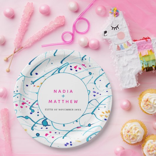 Abstracte tropische golven roze aqua sinaasappel b papieren bordje (Feest)