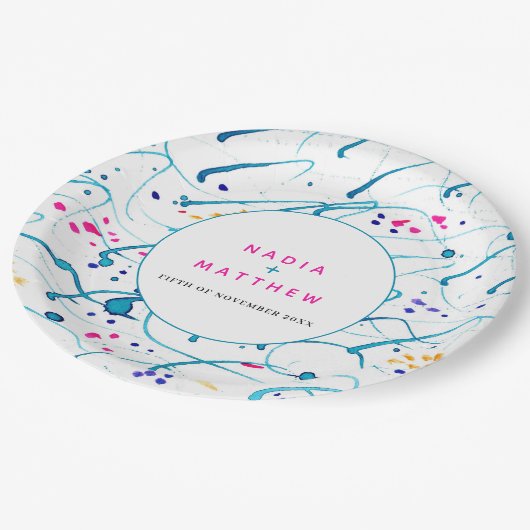 Abstracte tropische golven roze aqua sinaasappel b papieren bordje (Gekanteld)