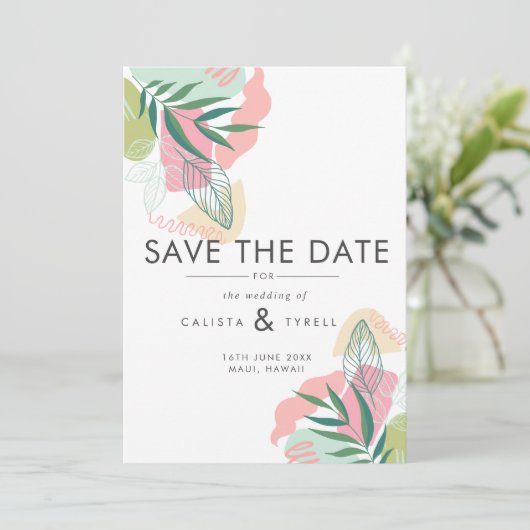 Abstracte tropische rillingen bruiloft save the date (Staand voorkant)