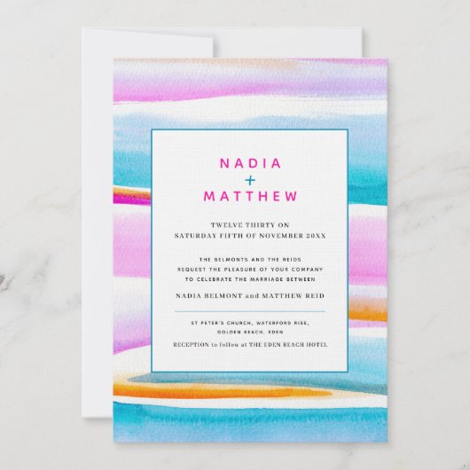 Abstracte tropische strepen roze aqua bruiloft kaart (Voorkant)