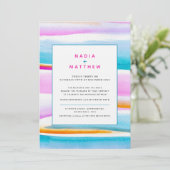 Abstracte tropische strepen roze aqua bruiloft kaart (Staand voorkant)